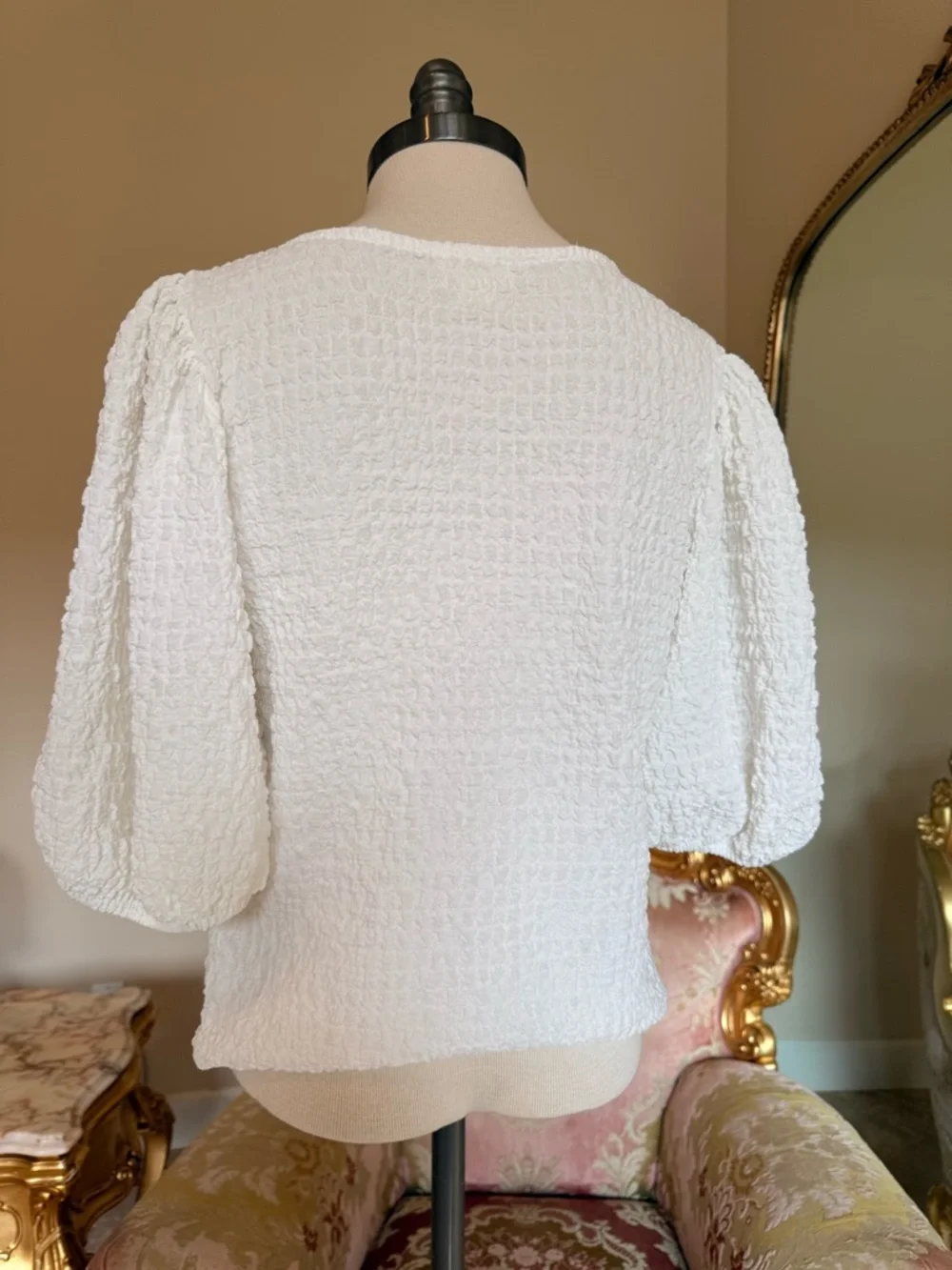 Anthropologie White Textured Scoop-Neck Puff Sleeve Top